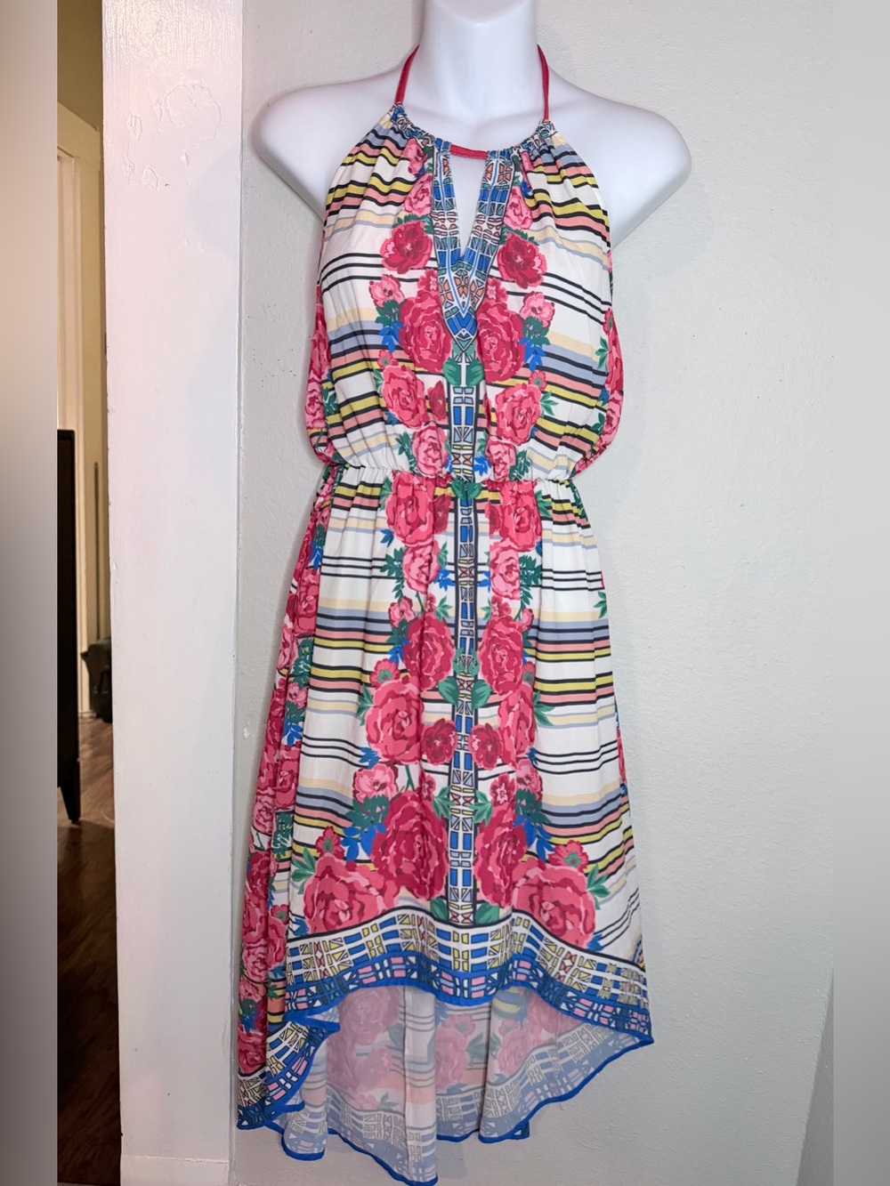 Flying Tomato Red White Floral Halter Hi low Summer Dress Small
